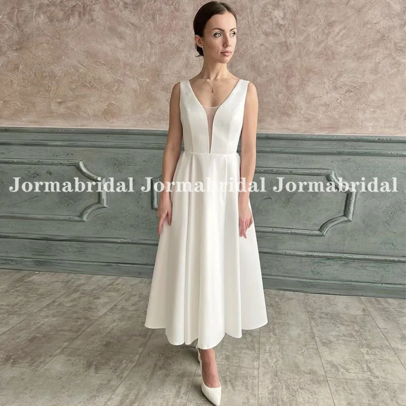 

Backless Deep V-neck Short Wedding Dress with Pockets White Satin Summer Beach Bride Gowns Women Vacation Midi Wedding Dresses