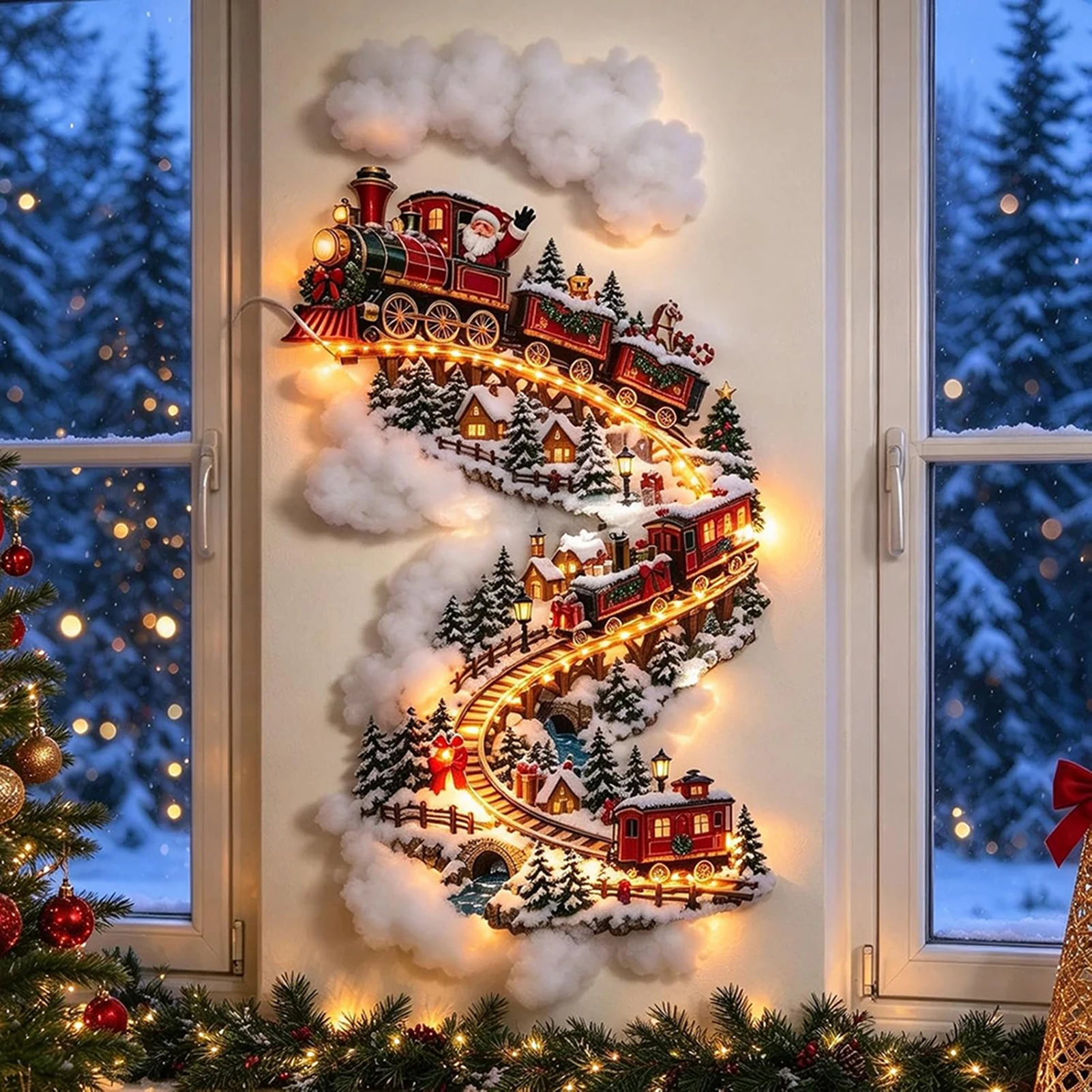 Led Santa Train Wall Hanging Lighted Christmas Canvas Art Cordless, Battery-Powered Design Bedroom Living Room Decor