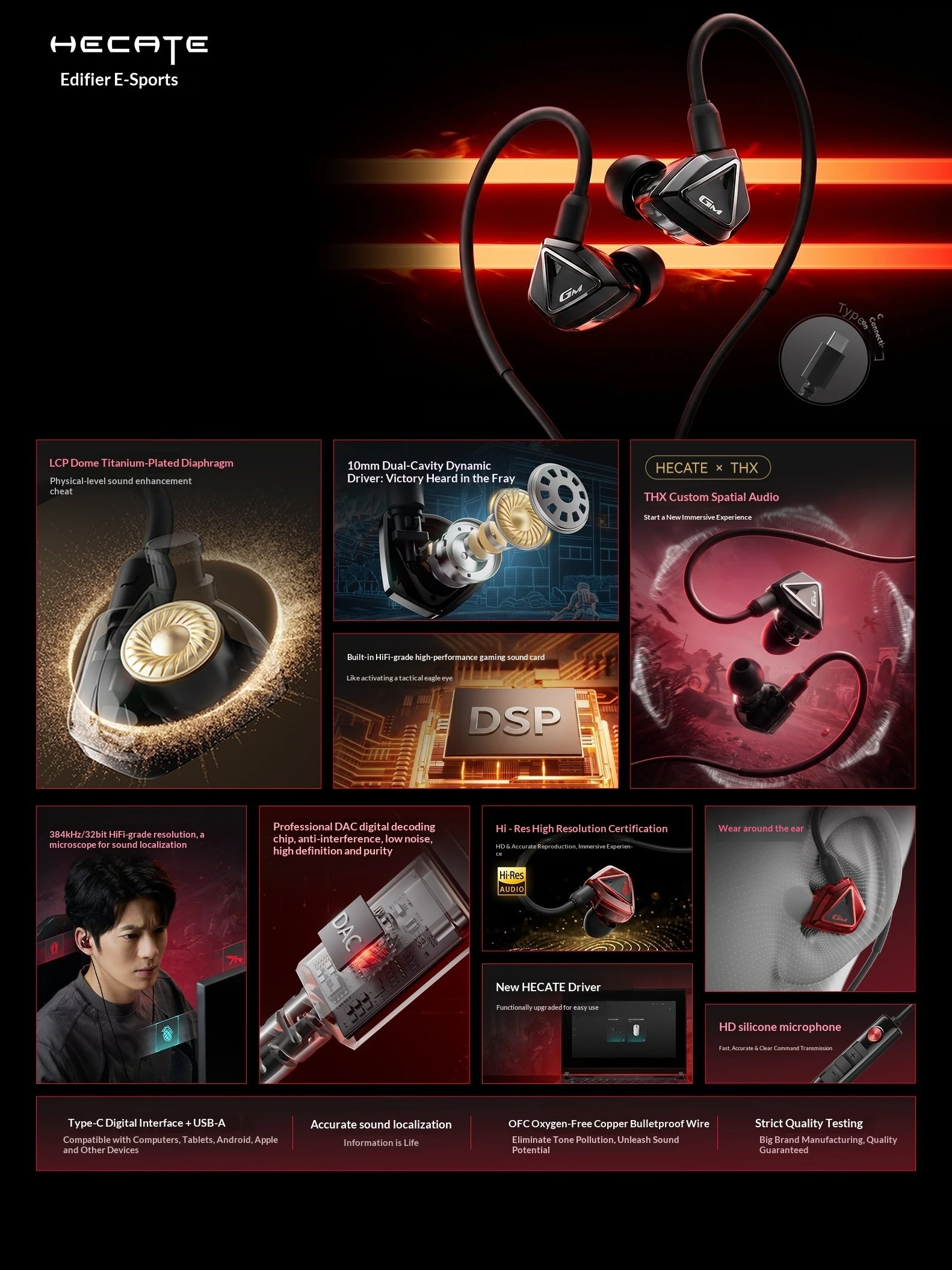 Edifier HECATE Hunter‑S Wired Gaming Earphone Type‑C Built‑in DAC Sound Card THX Spatial Audio Hi‑Res In‑Ear Headset for PC