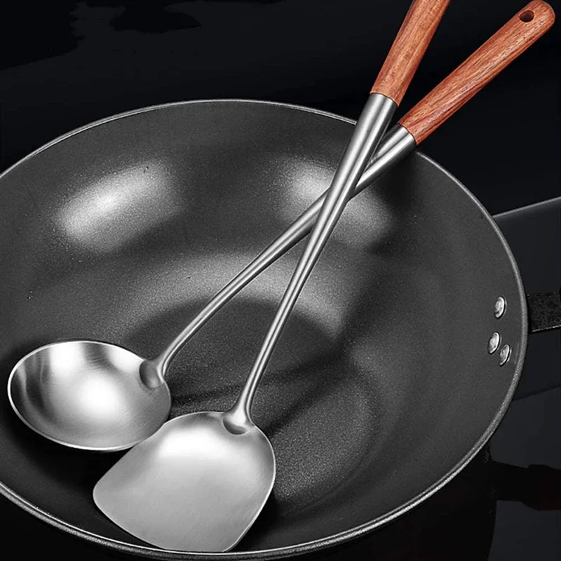 304Lange Steel Rvs Wok Spatel Cooking Equpment Kitchen Utensils Keuken Sleuven Rijst Lepel Kookgerei Gebruiksvoorwerp Set Turner