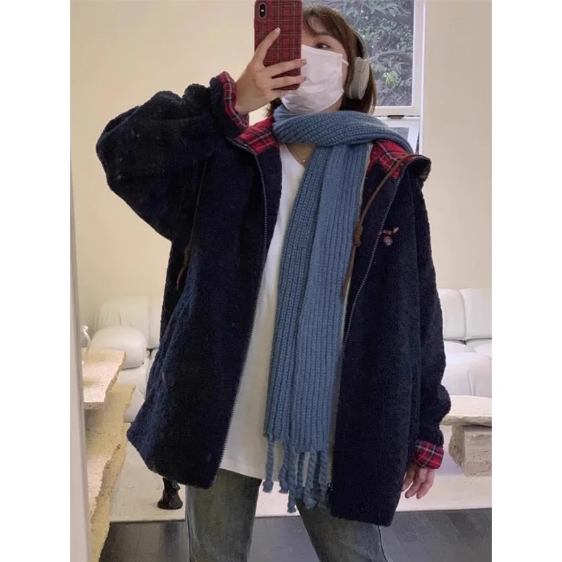 Retro lamb wool plaid hooded zipper jacket women's long sleeves 2024 autumn and winter new warm and thickened