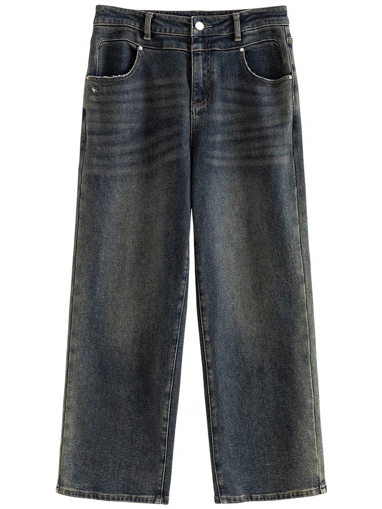 DUSHU 68.2% cotone Retro Denim blu inverno nuove donne Jeans larghi dritti pantaloni a gamba larga a vita alta spessi più Jeans di velluto