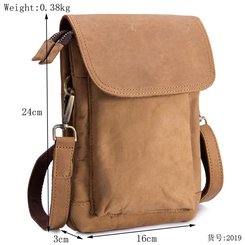 2019 Men's Retro Crazy Horse Leather Fanny Pack Oil Wax Shoulder Bag for Pants Hanging Mobile Phone Oblique Span Bag