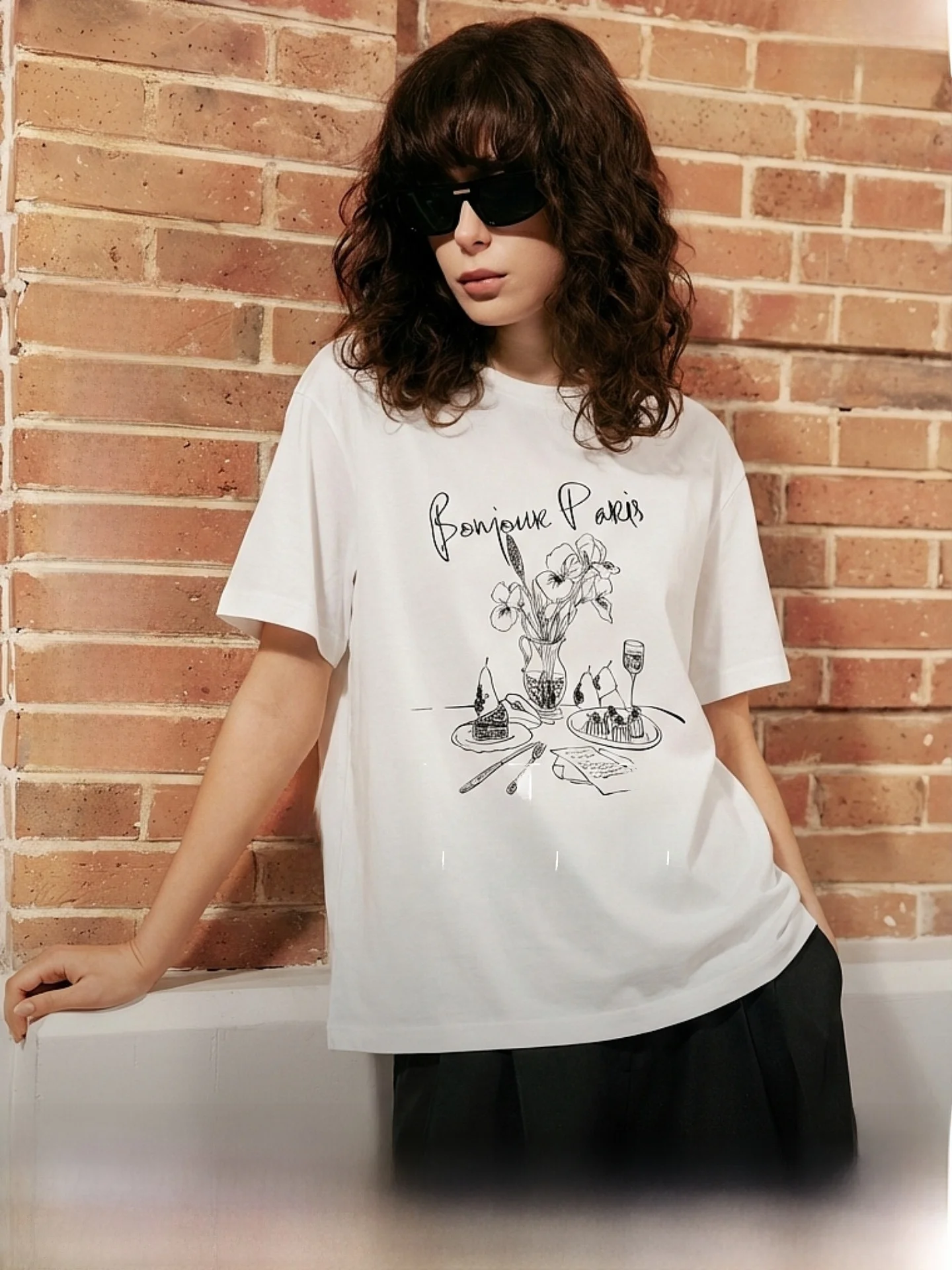 ELLE Design Sense Floral Print Loose round Neck Short Sleeve Women's T-Shirt Casual Linen Summer New Style Commute Casual T-S...