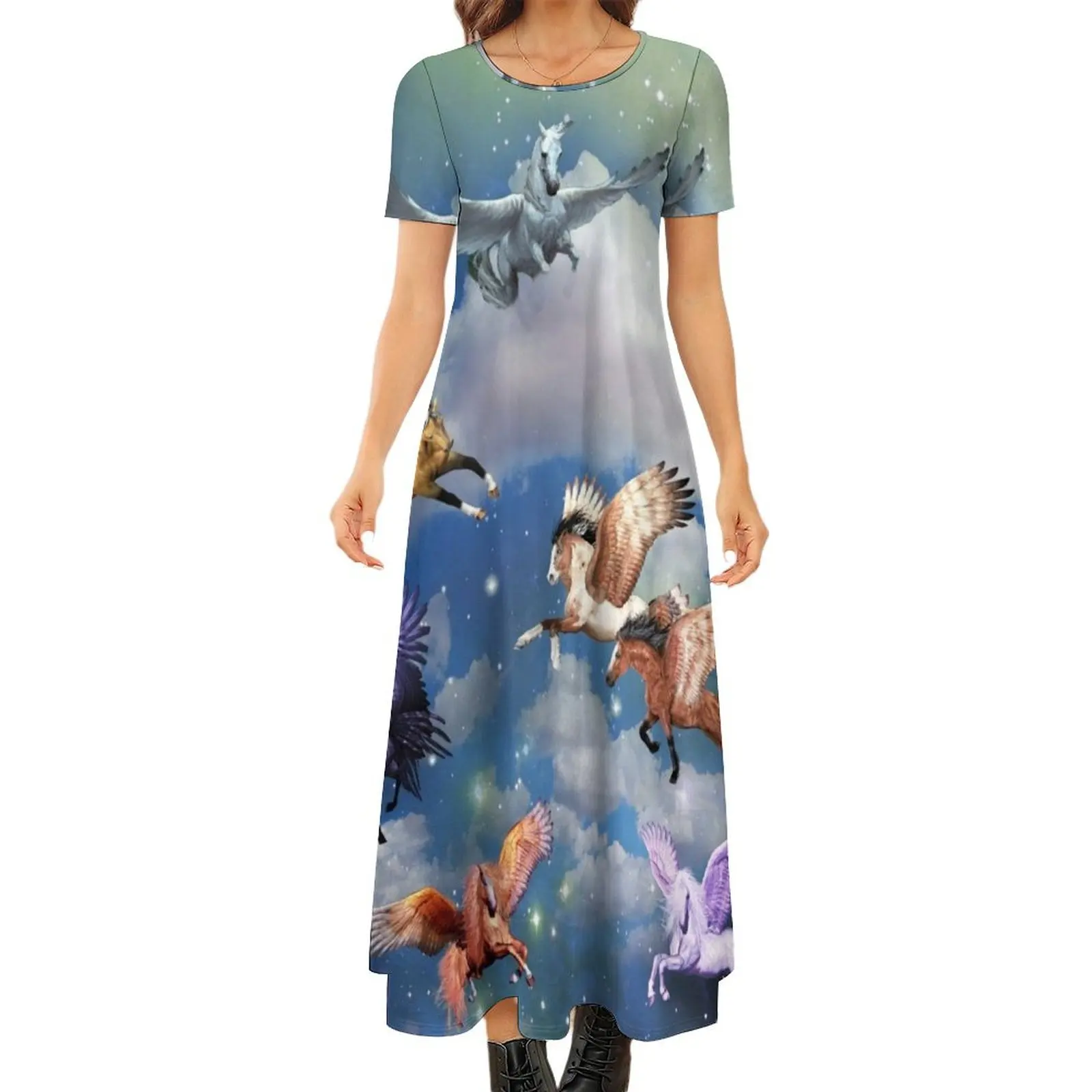 

Flying Pegasus In The Night Sky Legendary Animals 8 Pegasi All Colors Round Neck Short Sleeve Dress Dress woman Woman dresses