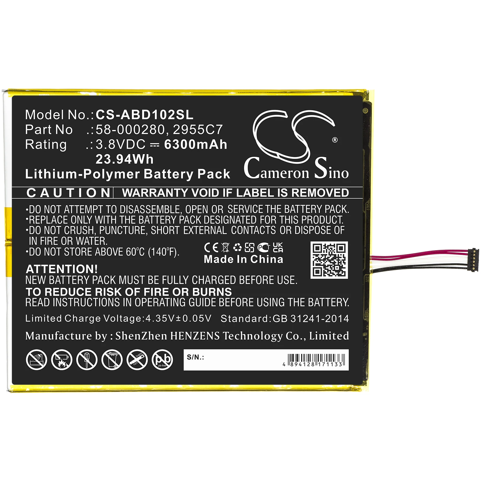 

Li-Polymer Tablet Battery for Amazon,3.8v,6300mAh,Kindle Fire HD 10.1 9th M2V3R5,58-000280 2955C7