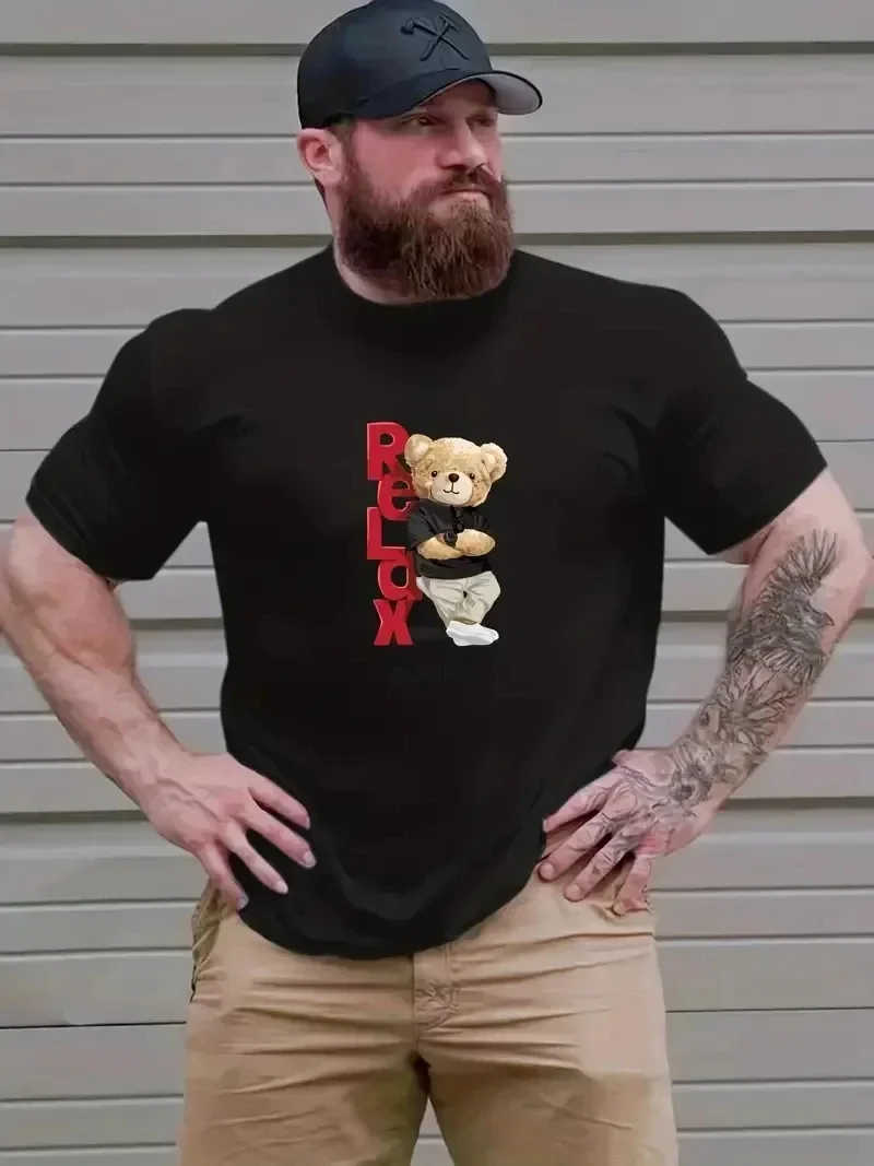 Relax Teddy Bear Graphic T-shirt For Men, Plus Size Summer Casual Tees For Big & Tall Man Tees for Summer, Mens Clothing