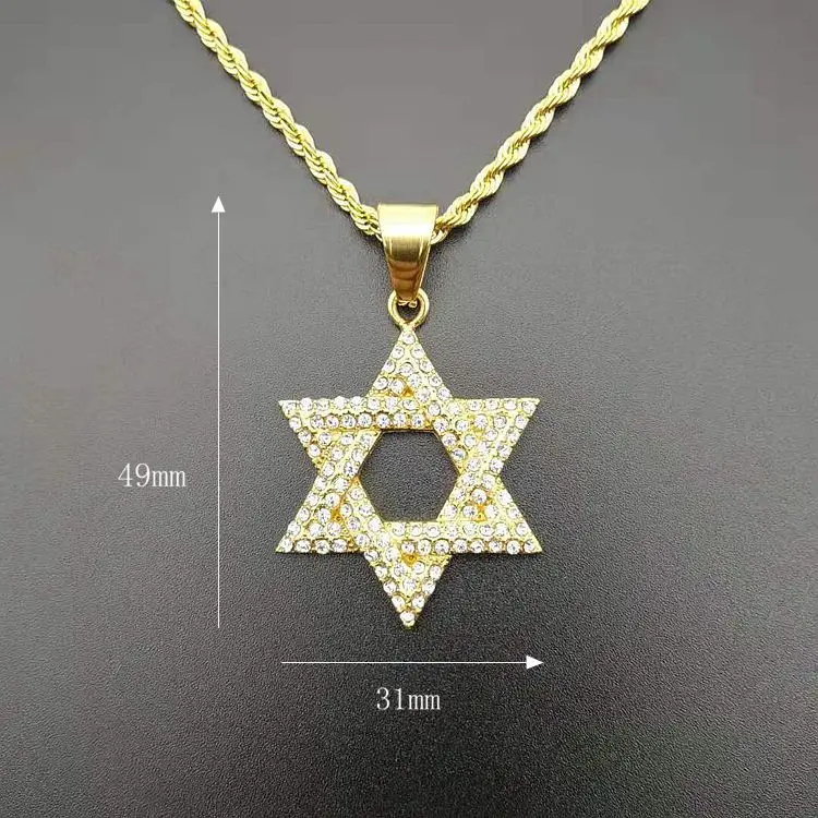 New 1pcs Hip Hop Rhinestone Gold Color Stainless Steel Necklaces Jewish Star Of David Hexagram Pendant Necklace For Men Rapper