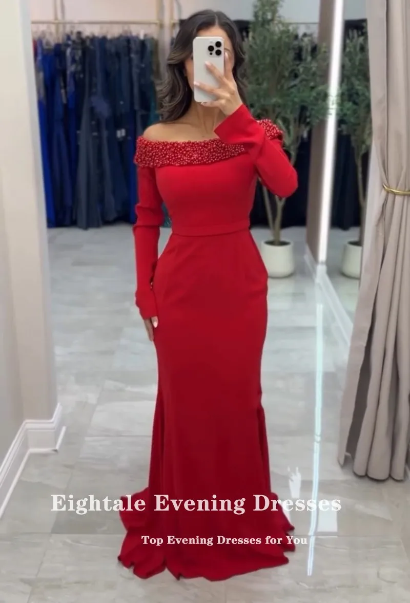 Suknia wieczorowa Eightale w stylu arabskim, dekolt okrągły, suknia balowa, szyta na miarę, długie rękawy, zdobiona koralikami, muzułmańska suknia ślubna typu syrena na przyjęcie.