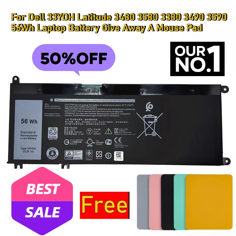 

Для Dell 33YDH Latitude 3480 3580 3380 3490 3590 56 Втч аккумулятор для ноутбука, коврик для мыши