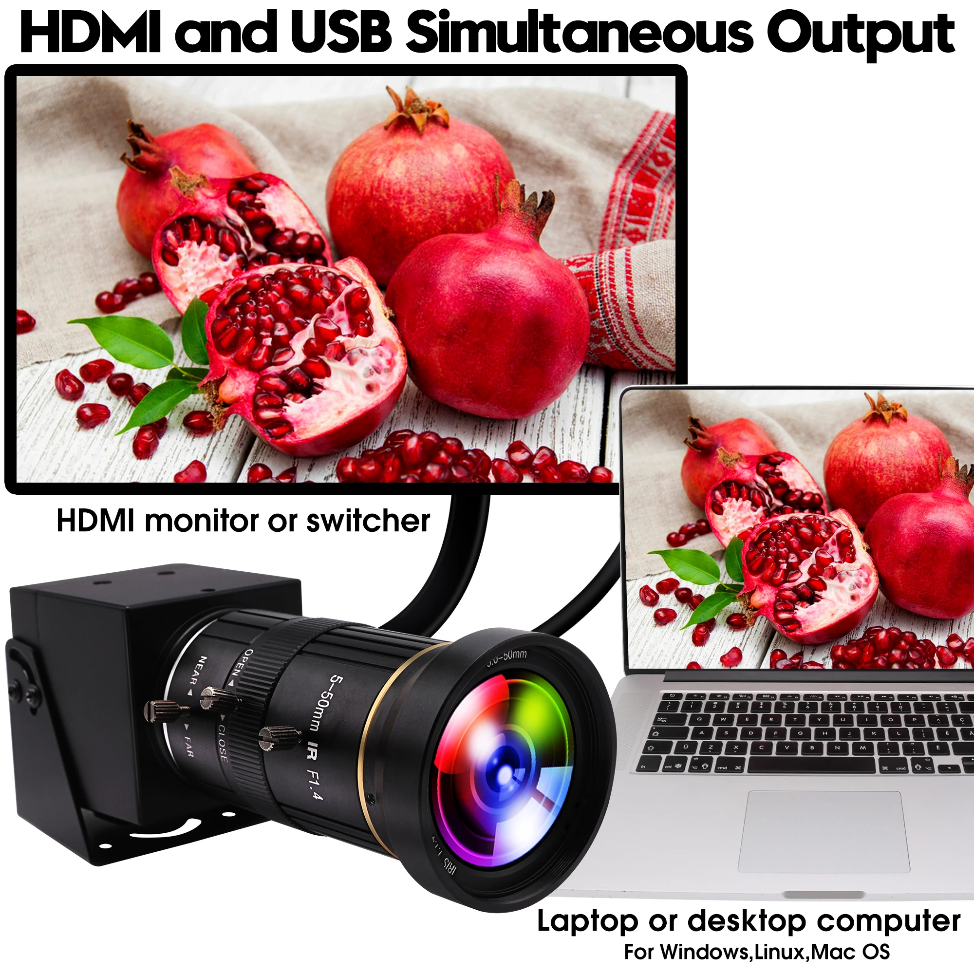 ELP H-D-M-I Camera 4K H.265 H.264 MJPEG IMX415 Live Streaming 10X Zoom Color USB2.0 Webcam with 5-50mm Varifocal Lens