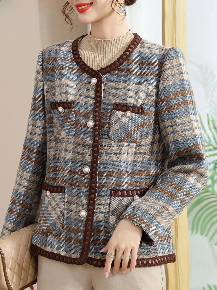 

Новая модная короткая куртка в клетку 2024 года для женщин среднего возраста, прямой крой, полиэстер