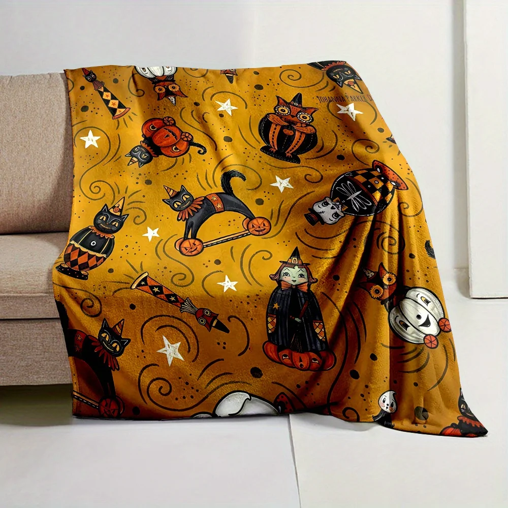Halloween Whimsical Cat & Pumpkin Flannel Blanket , Soft, All-Season Cozy Throw for Bed, Sofa, or Travel