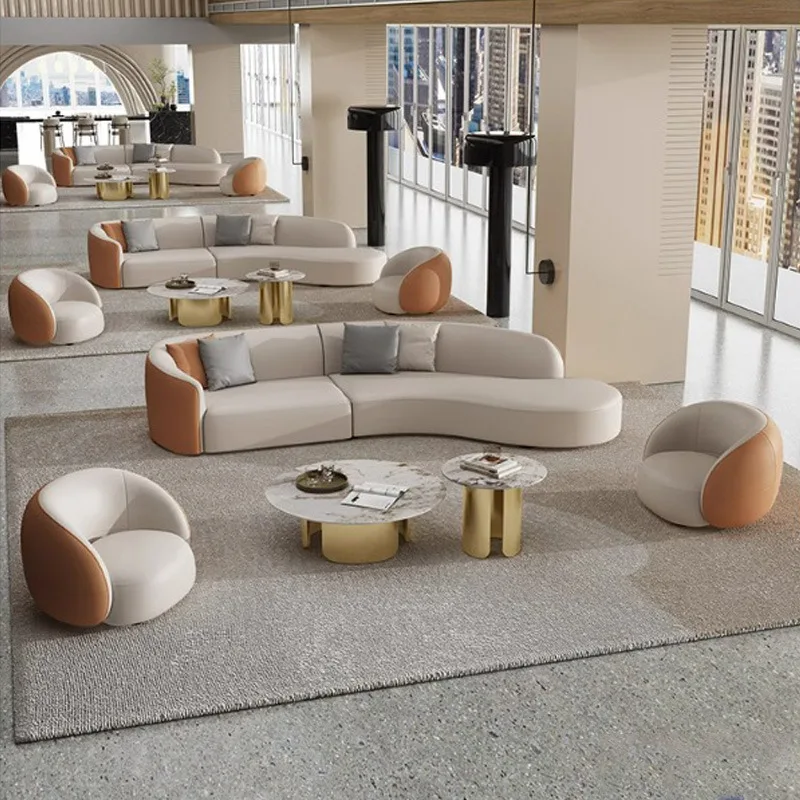 

Company reception area curved sofa coffee table combination hotel lobby light luxury leather sofa sales office negotiation sofa