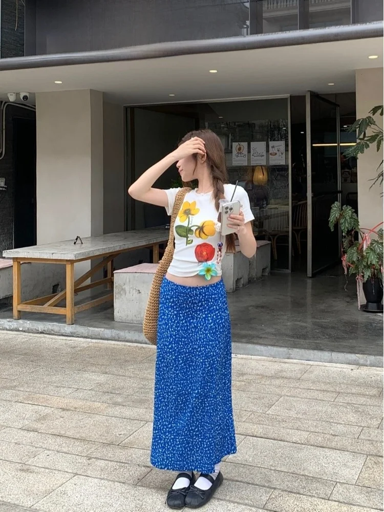 

Sweet Style Floral Print Short Sleeve T-Shirt And Skirt Set for Women Summer Blue Floral Half-length Skirt Two-piece Suite