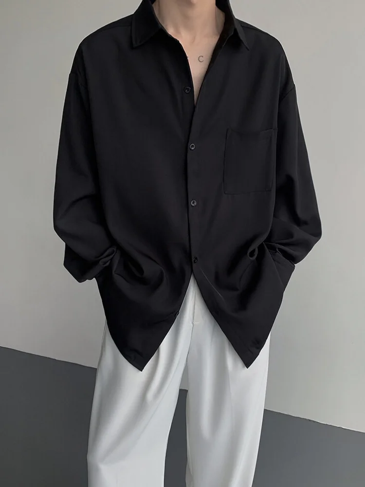 

Корейская повседневная рубашка с длинным рукавом для мужчин, весна-осень, премиум-класса, универсальная, с отложным воротником, однотонная