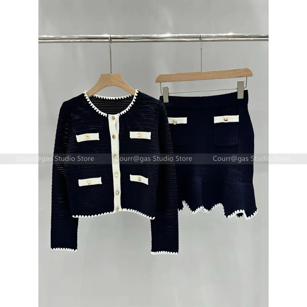 2024 Early Autumn Navy Blue Socialite Style Round Neck Knitted Cardigan + Skirt Fashion Suit for Women