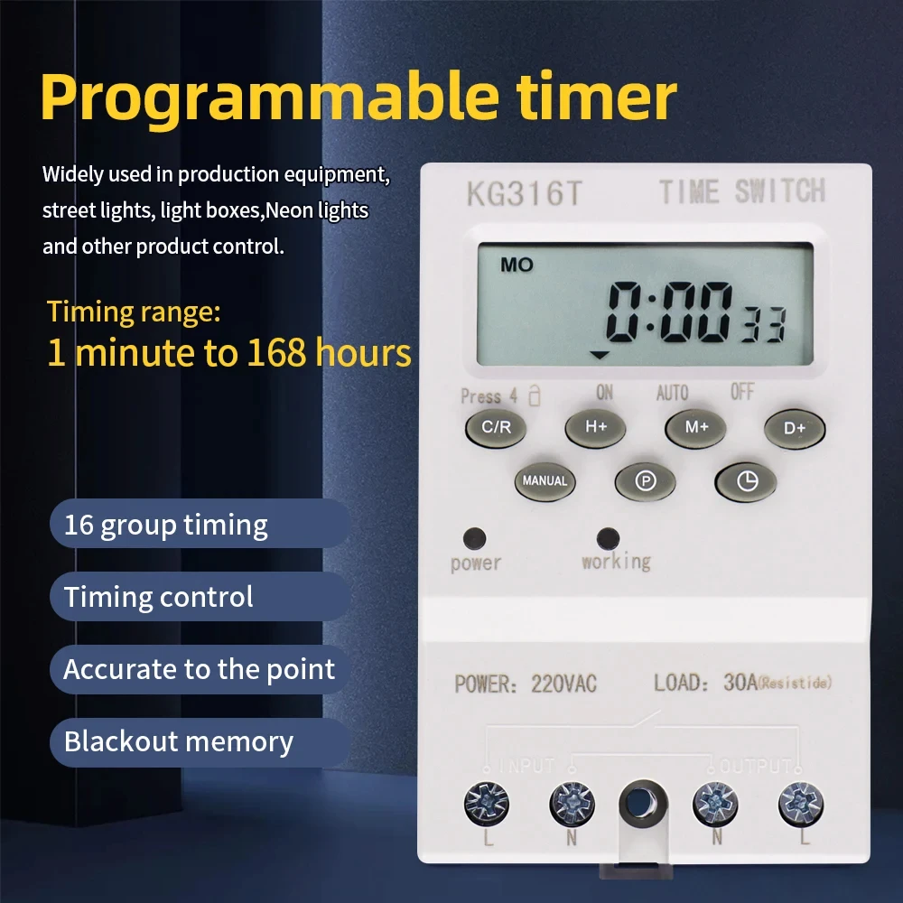 Automatic Digital Timer Programmable Time Switch 7 Days Weekly Relay Interval 1 Second High Load 220V 25/30A Power Outage Memory