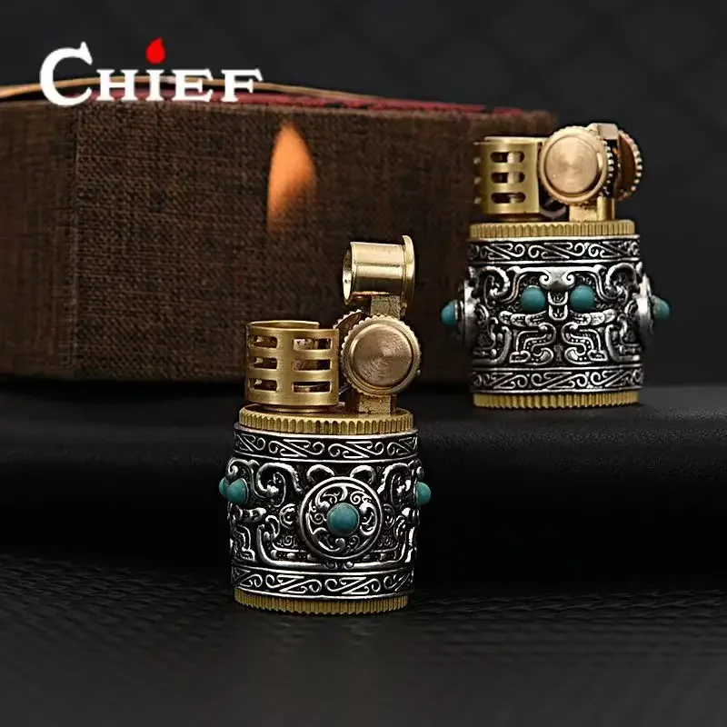 

Chief Pure Copper Retro Personalized Light Oil Lighter Armored Grinding Wheel Open Flame Cigarette Lighter Men's Gift Wholesale