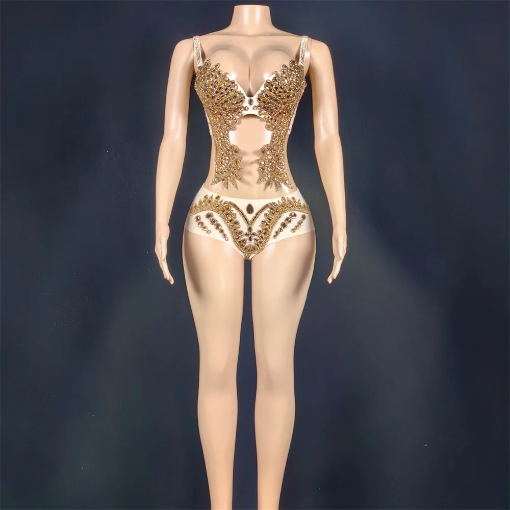 

2025 Sexy Perspective Diamond Tight Bikini Nightclub Stage Performance Dress Gold Bikini Gogo Dancers Stage Clothes DN21524