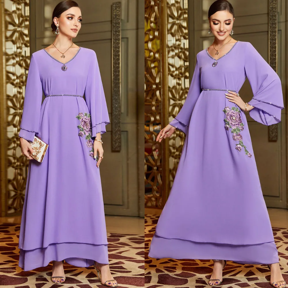 Eid Dubai Abaya Dress for Women Chiffon Luxury Rhinestones Embroidery Robe Kaftatn Muslim Party Morocco Islamic Turkey Clothing