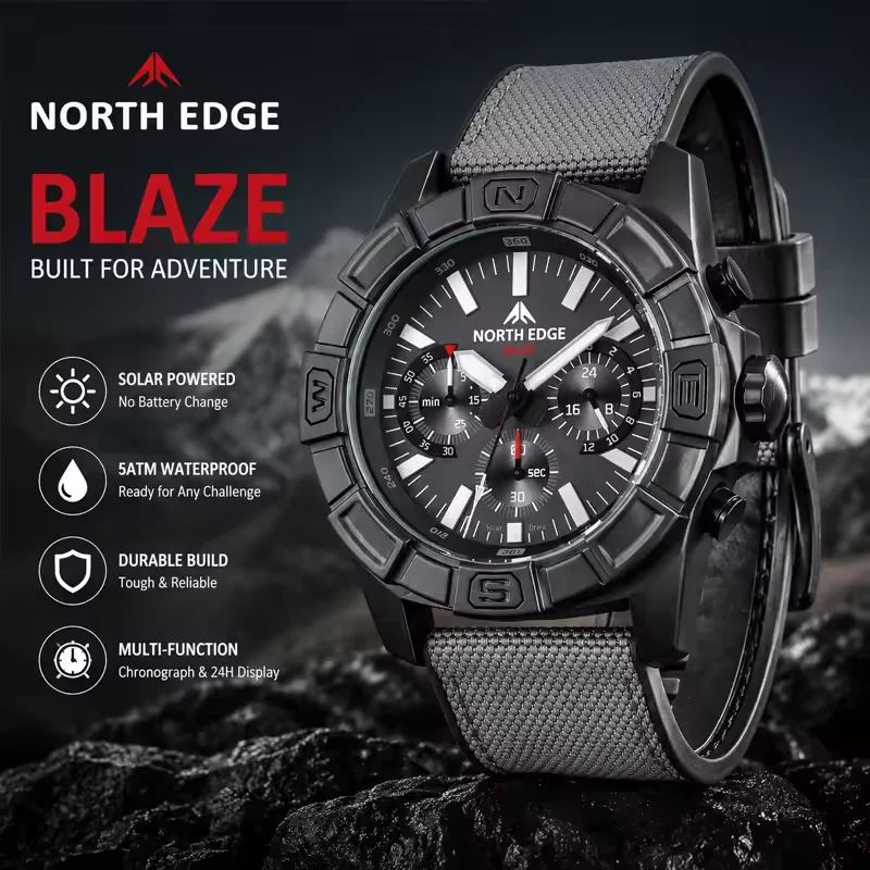 NORTH EDGE BLAZE Men Quartz Watch Solar Powered Army Military Style Clock Stopwatch Waterproof 50M Luminous fashion Pilot Watch