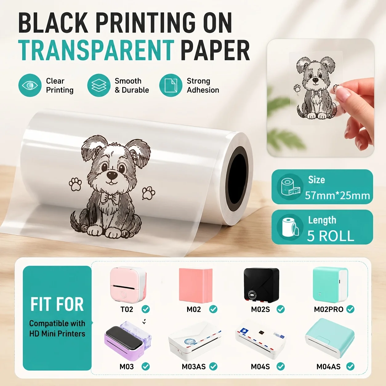 57x25mm Clear Transparent Thermal Label Paper Roll Self Adhesive Compatible for Mini Printer Item Classification Tag