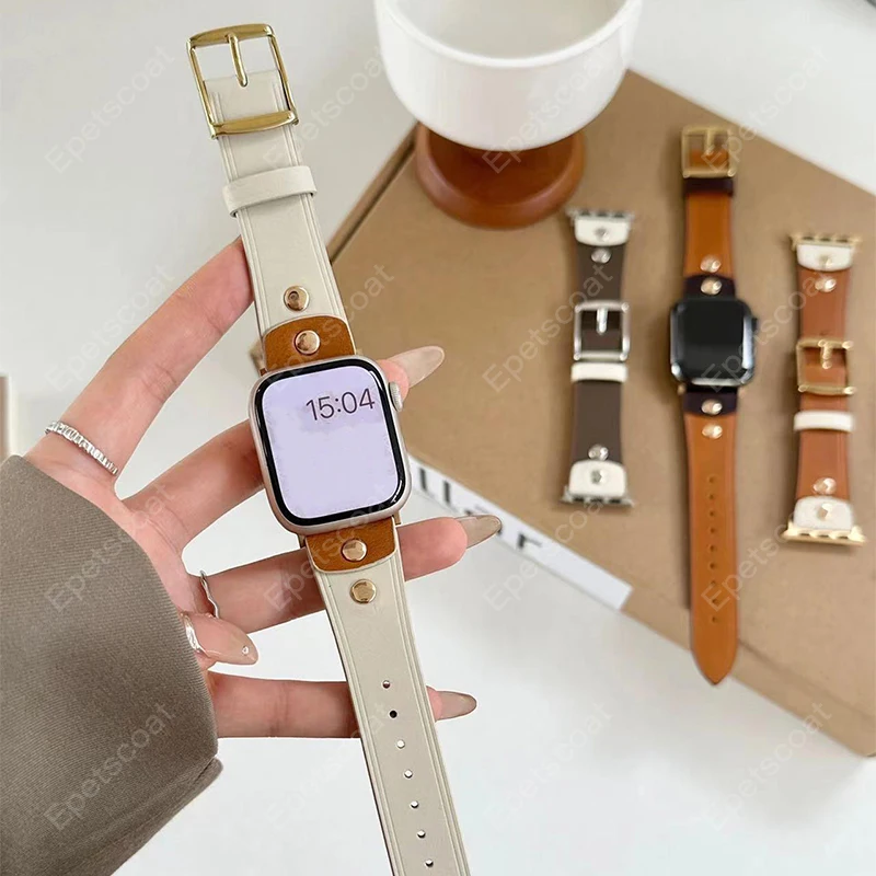 Color blocked leather nail strap bands for Apple Watch 10 46 42 mm 9 8 7 6 Ultra 2 SE 49 45 44 41 40 38 pin buckle wholesale 027