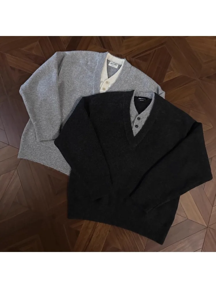 

Large Size 300 Pou Men's Casual Deep V-ne Knitwear Faionable Autumn Winter Leisure Versatile Fake Two-Piece Sweater