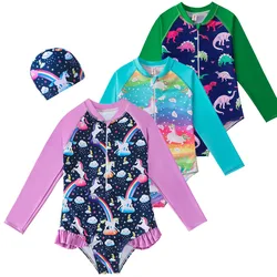 Costumi da bagno per bambini ragazze manica lunga con pantaloncini con volant cerniera costume da bagno per adolescenti stampa unicorno set Bikini per bambini abbigliamento da spiaggia per bambini