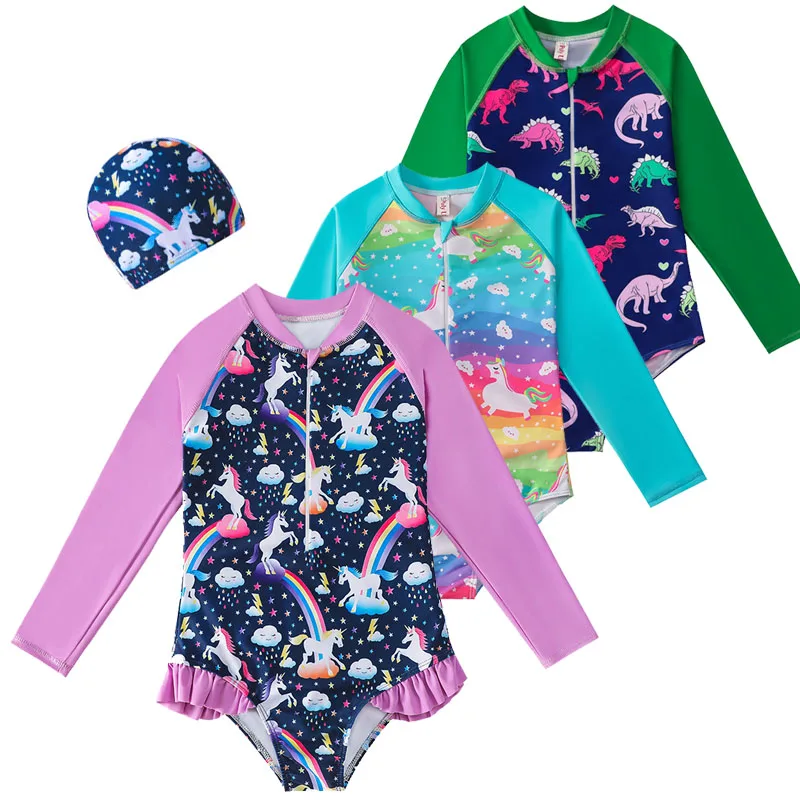 Swimwear for Kids Girls Long Sleeve With Ruffle Shorts zipper Teen Swimsuit Unicorn Print Kids Bikini Sets Children Beach Wear