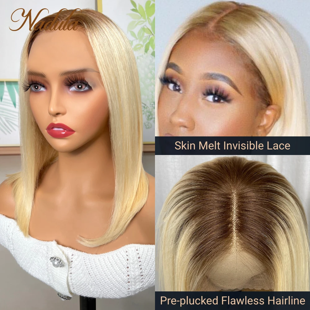 Nadula Hair Ombre Blonde Short Bob Wig 13X4 Lace Front Human Hair Wig 4/613 Dark Root Honey Blonde Short Bob Human Hair Lace Wig