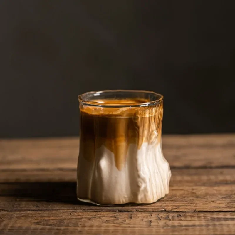 فنجان قهوة أمريكي مثلج، كوب بوروسيليكات شفاف مقاوم للحرارة بطبقة واحدة، كوب قهوة بالحليب بنمط لحاء الزجاج #5