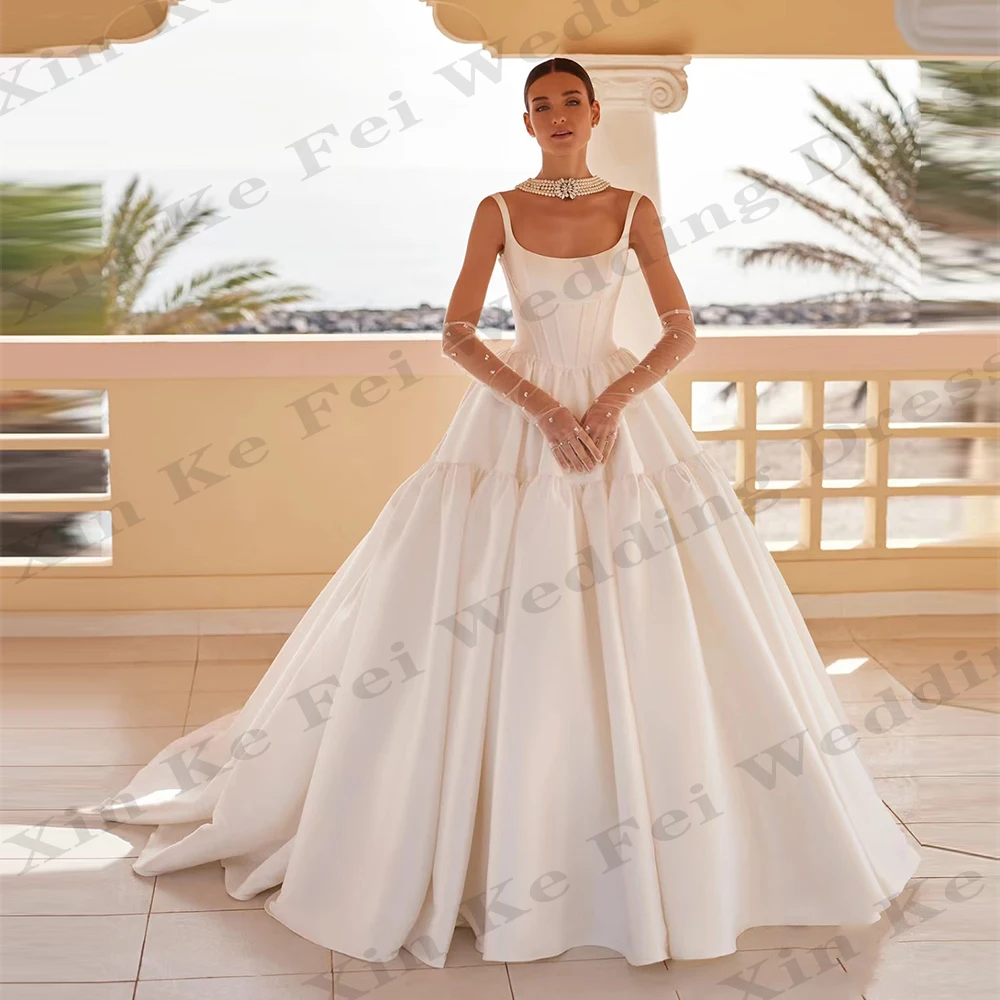 Elegant Women's Wedding Dresses A-Line Satin Sexy Sleeveless Italian Spaghetti Shoulder Strap Pleated Princess Bridal Gowns Robe