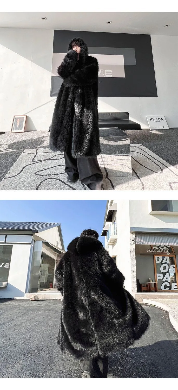 Cappotto invernale in pelliccia sintetica resistente al freddo con cappuccio lungo spesso caldo e alla moda 2025 Nuova tendenza giacca da uomo