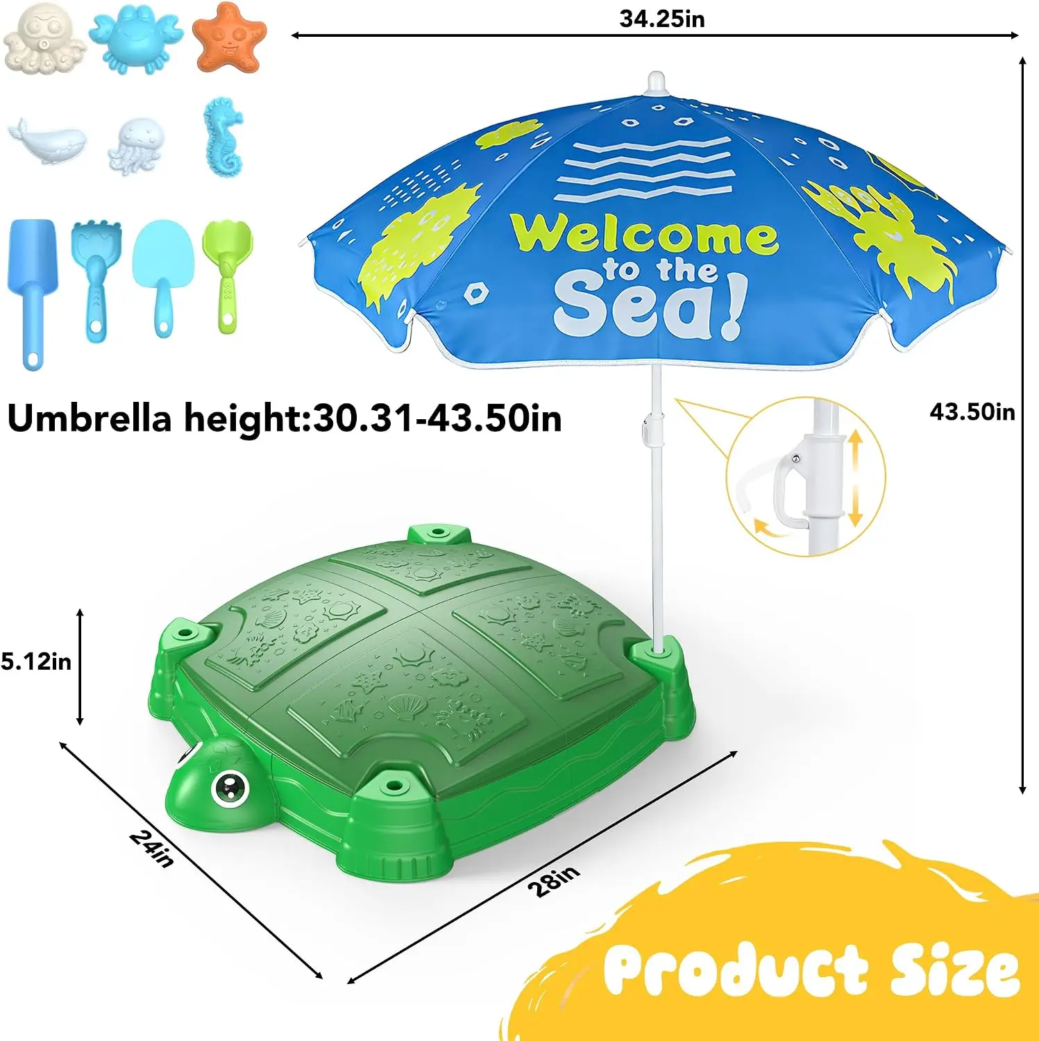 12Pcs Square Turtle Sand Box with Dust Cover & Adjustable Umbrella, Molds & Shovels, Outdoor Sand Toy for Kids 3+