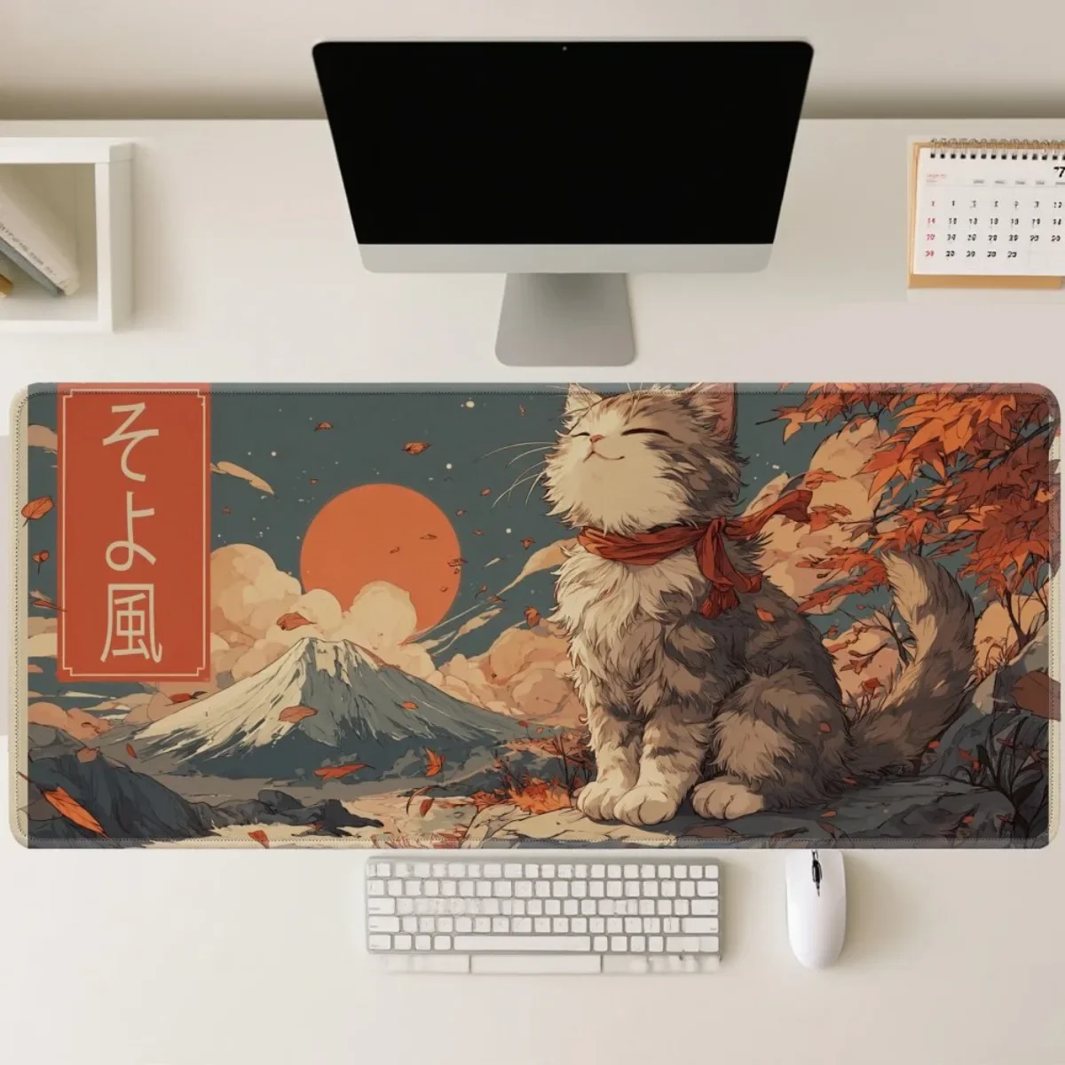 Anime Cat & Fuji Mountain Gaming Mouse Pad Non-Slip Rubber Base Autumn Leaves Japanese Style 2D Flat Desk Mat for Gamers