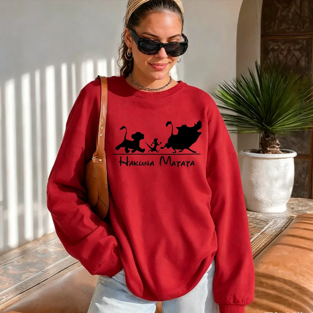 Hakuna Matata Lion King Character Silhouette Graphic Pullover Classic Cartoon Positive Slogan Print Casual Loose Fit Sweatshirt