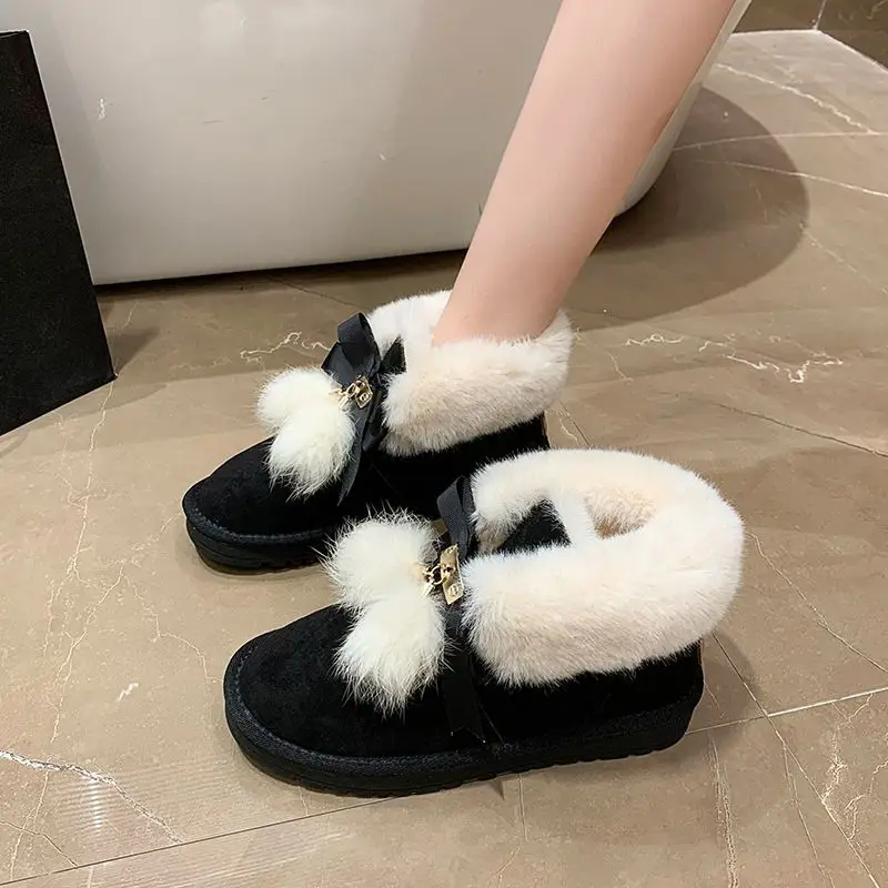 Cute Bow Round Toe Snow Boots for Women Winter Plush Ankle Furry Hot High Quality Sale Padded New Rock Trend 2025 Woman Shoes