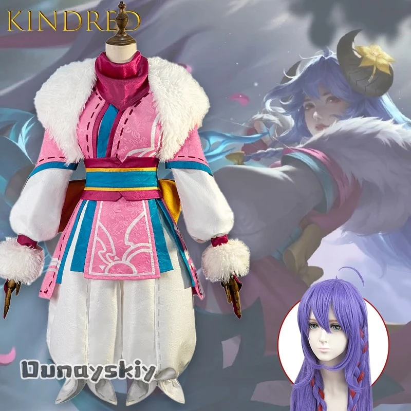 Disfraz de Cosplay de AGame Kindred Eternal Hunters Spirit Blossom {Amanda Cos} peluca púrpura uniforme de piel de Anime traje de fiesta de Halloween