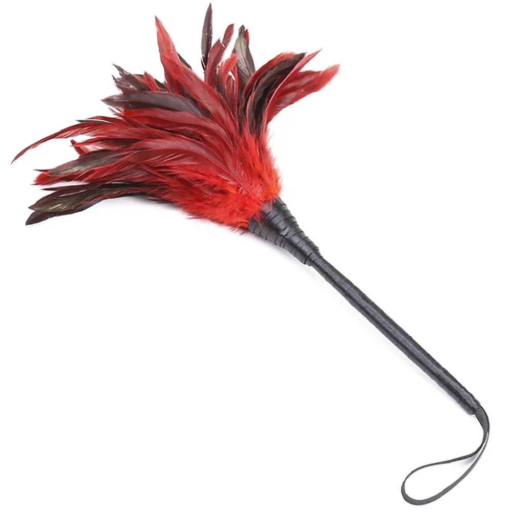 35cm Red Chicken Feather Whip,Costumes Performance Props Horse Whip,PU Leather Handle