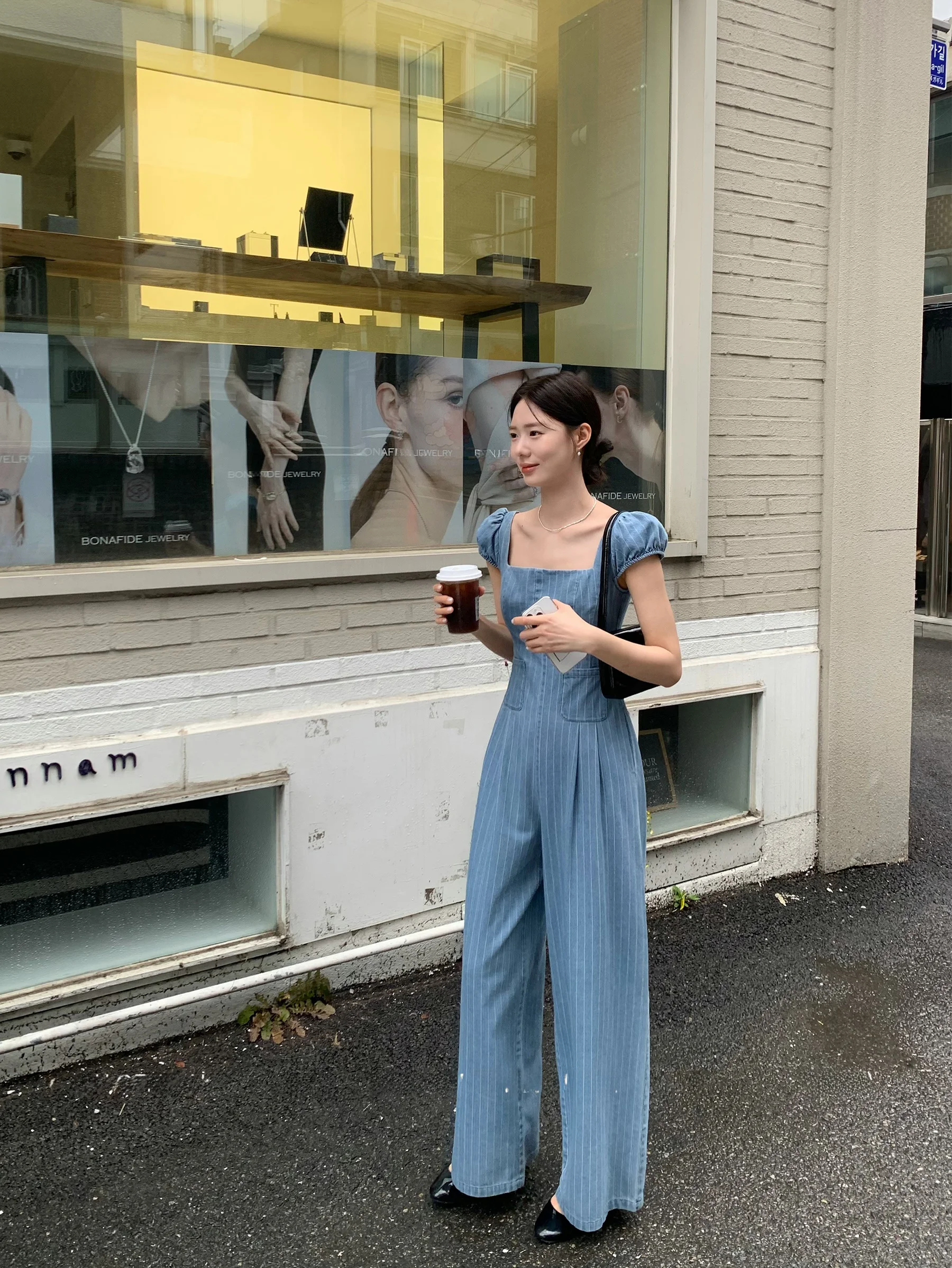 

Korean Sle Striped Denim One-Piece Pants with ter Ne Design High Waist Wide Leg Commuter Faion Summer Collection