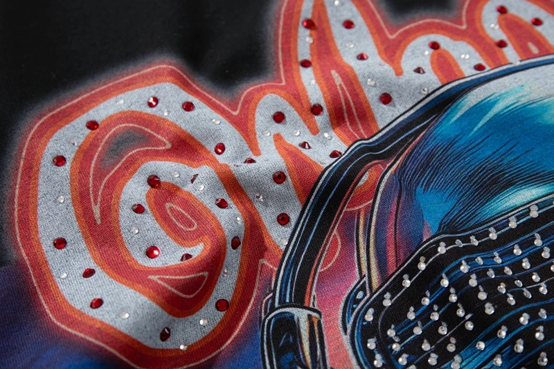 Herren-T-Shirt mit Strass-Totenkopf-Grafik, Hip-Hop-DJ-Skelett-Print, Y2K-Streetwear, Oversize-Baumwoll-Oberteil, Unisex-Sommer-T-Shirt – Detail 5