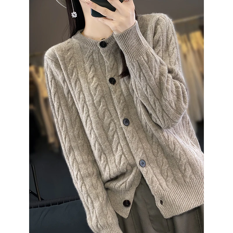 

New Autumn Winter Thick O-Neck Sweater For Women 100% Merino Wool Cardigan Long Sleeve Loose Twist Flower Cashmere Knitwear Tops