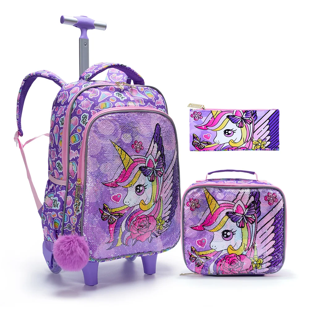 3PCS set Rolling Backpack For Girls Wheeled School BookBag With Lunch And Pen Bag Purple Unicorn Cute sequin Glow-in-the-dark