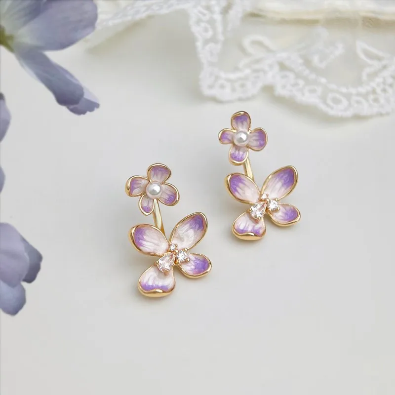 

Elegant Flower Series Enamel Earrings For Women Delicate Purple Floral Design Small Stud Earrings Statement Jewelry Wholesale