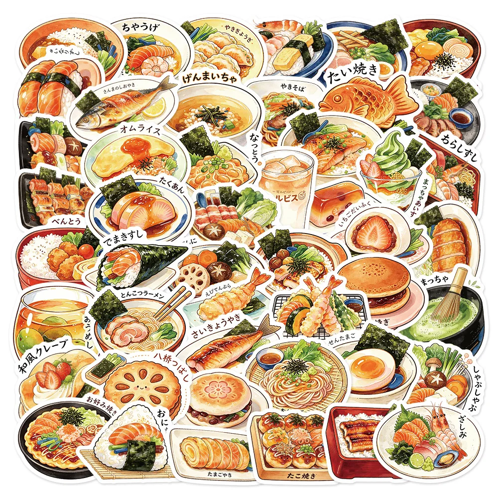 50 PCS Japanese Food Cartoon Salmon Sushi Stickers Fridge Cabinet Lunch Box Thermos Cup Non Repeated Waterproof Decals