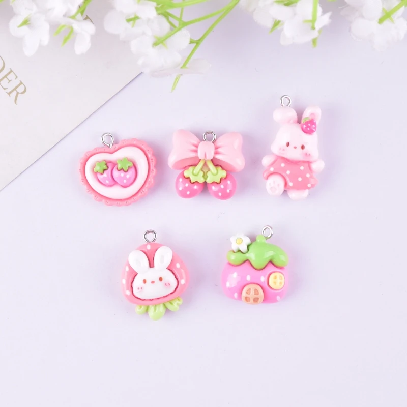 10pcs Cute Strawberry House Strawberry Rabbit Resin Charms for Earring Keychain DIY Decoration Fashion Jewelry Accessories