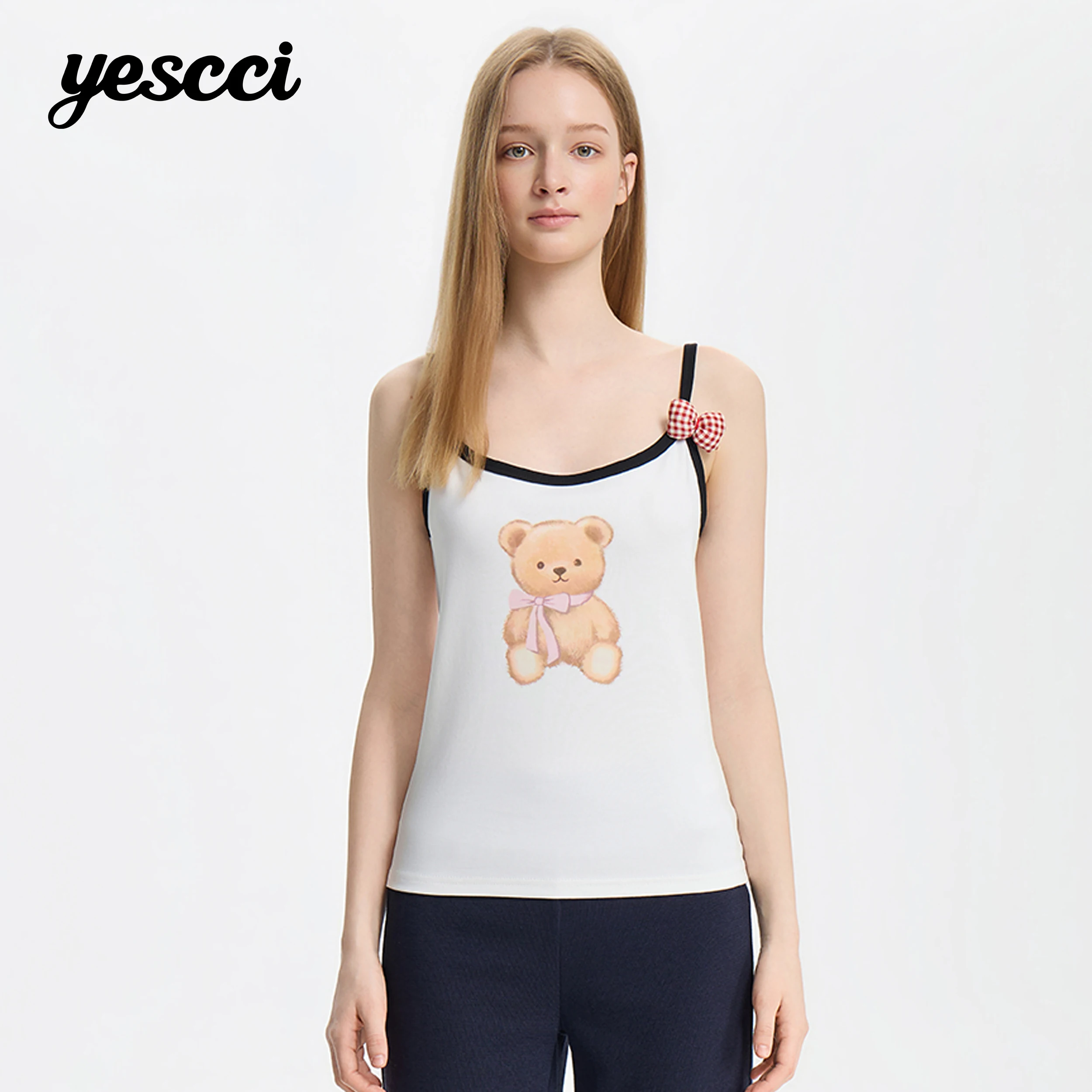 YESCCI Women's Camisole 2026 Summer New Bear Print 3D Bow Contrast Trim Cami One Size Slim Fit Sleeveless Top Women S56427101