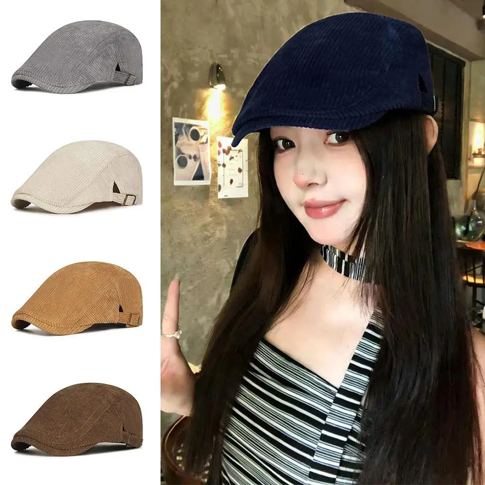 

British Style Adjustable Forward Hat Flat Visor Cap Thick Duckbill Cap Unisex Couple Corduroy Solid Color Stripe Velvet Beret